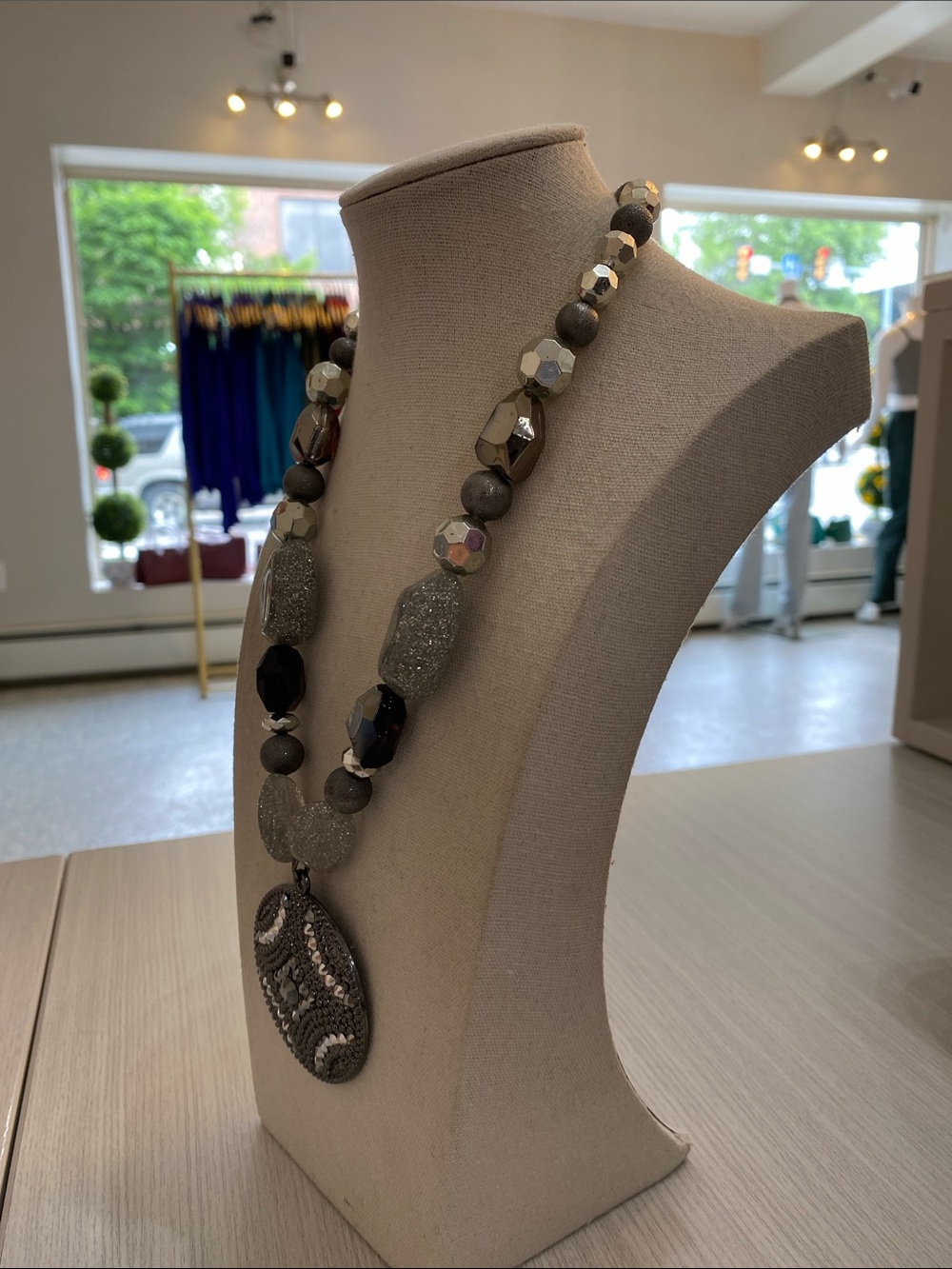 Beaded Gray Statement Necklace with Embellished Pendant - Picture 5 of 5